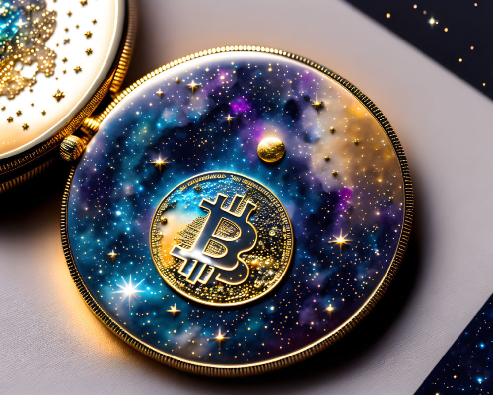 Celestial-themed Bitcoin coin with stars and nebula patterns