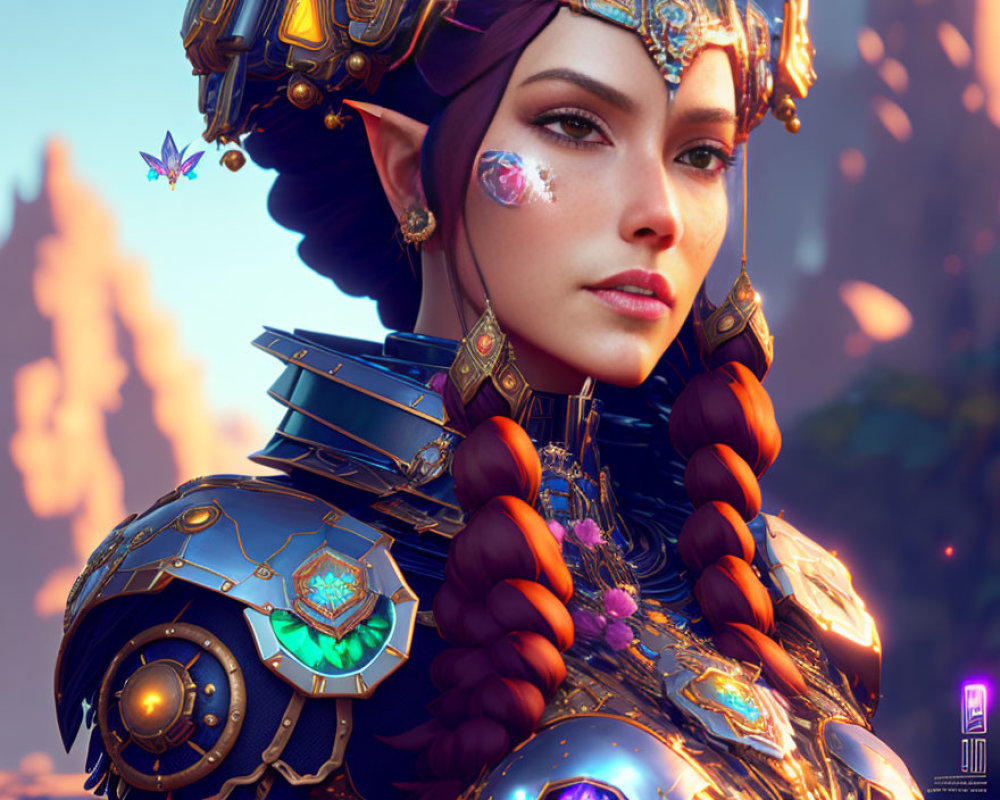 Fantasy female warrior digital artwork with blue and gold armor, butterfly, and braided hair