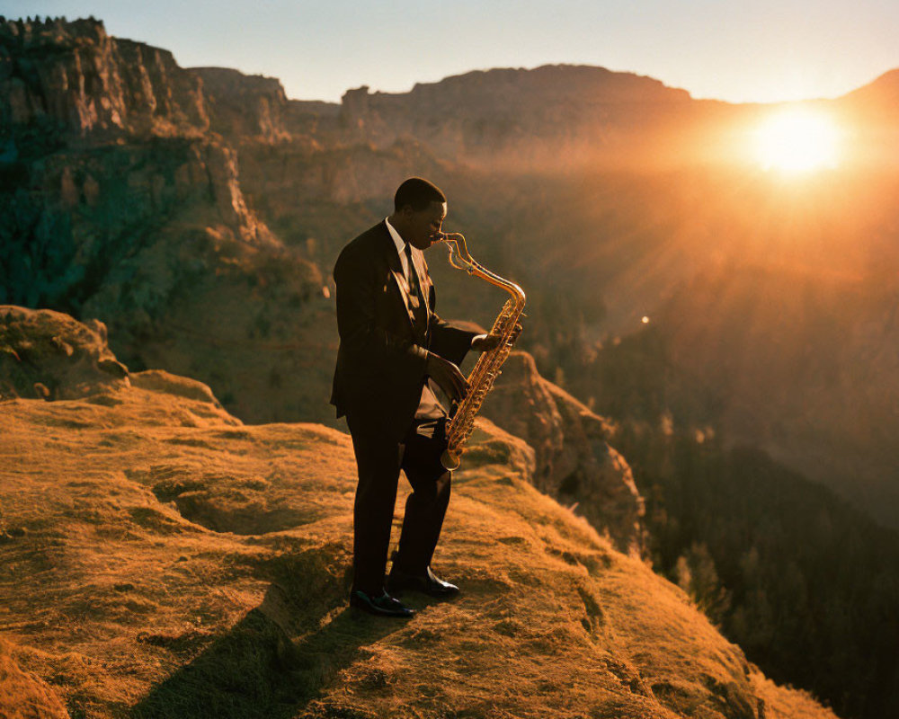 Person in suit playing saxophone on grassy hill at sunset with mountains