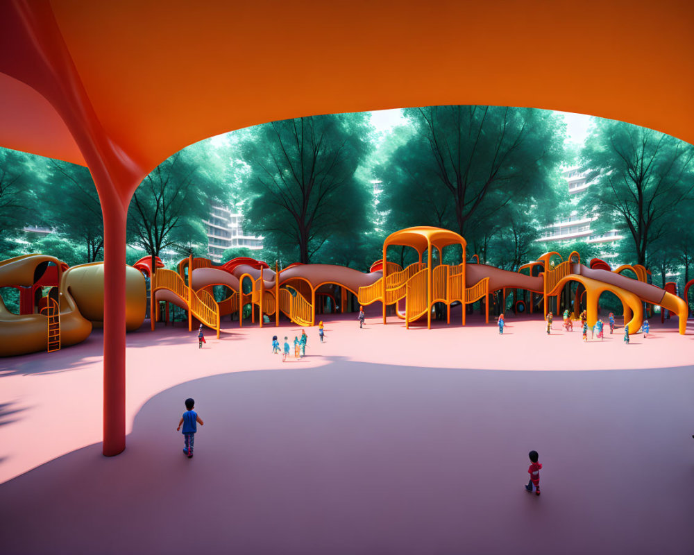 Colorful Playground with Orange Structures and Slides Amid Green Trees