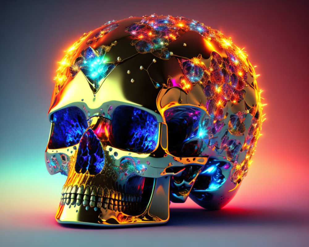 Colorful Skull Artwork with Neon Glow and Cosmic Patterns on Gradient Background