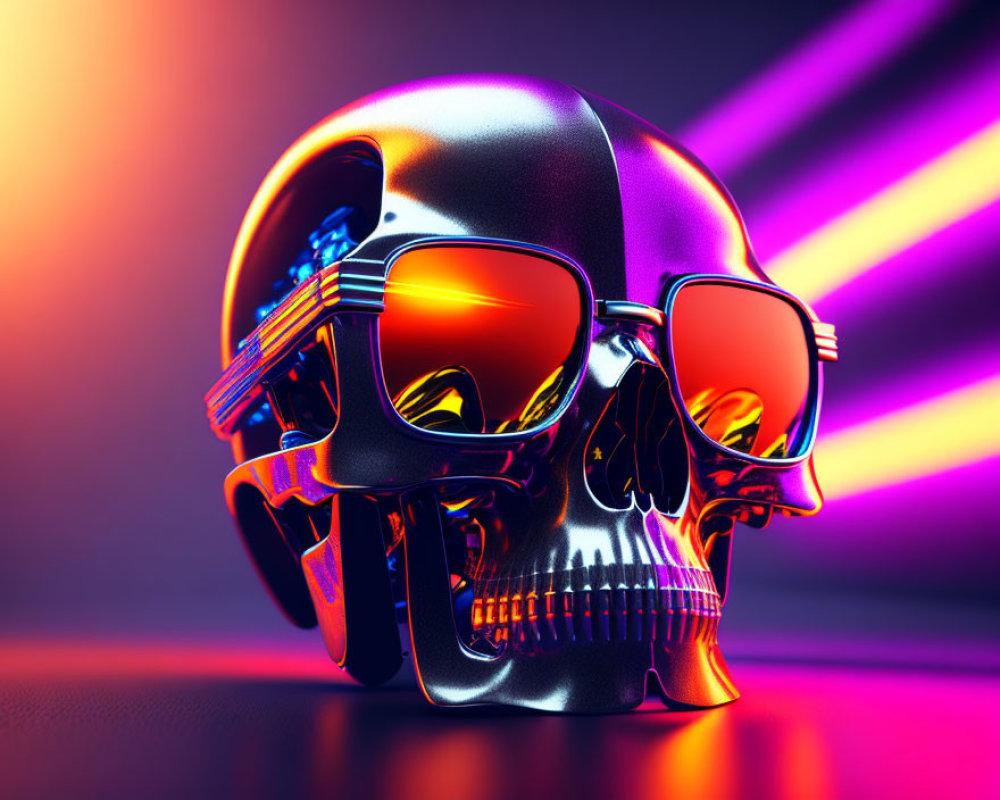 Chromatic skull with reflective sunglasses under neon lights