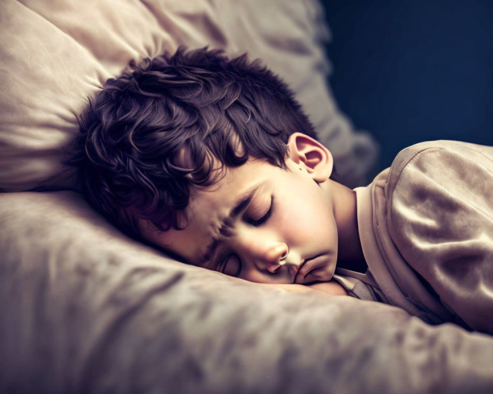 Young Boy Sleeping Peacefully on Soft Pillow in Dimly Lit Room