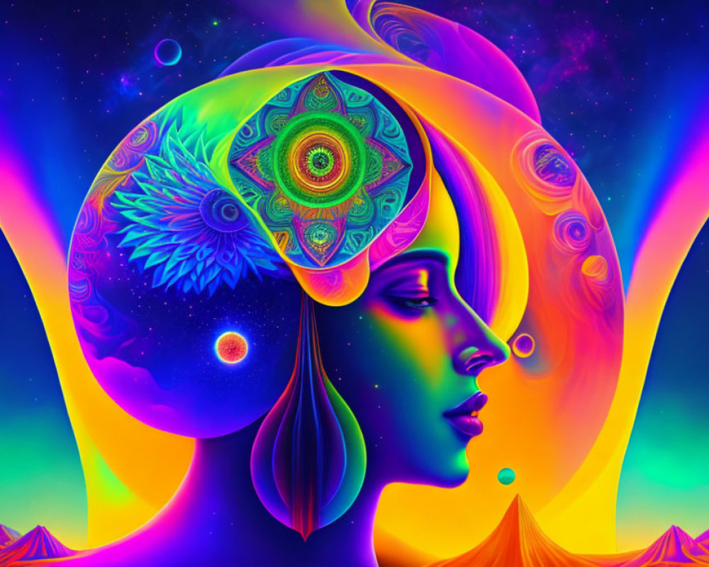 Colorful Psychedelic Woman Profile Illustration with Cosmic Background