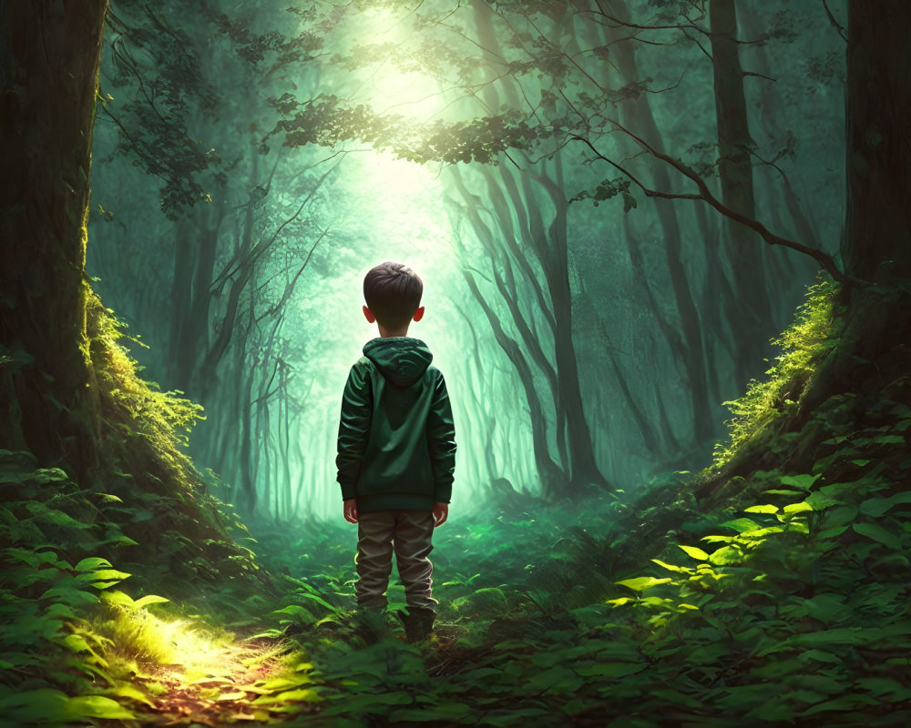 Child at entrance of sunlit mystical forest with towering trees.