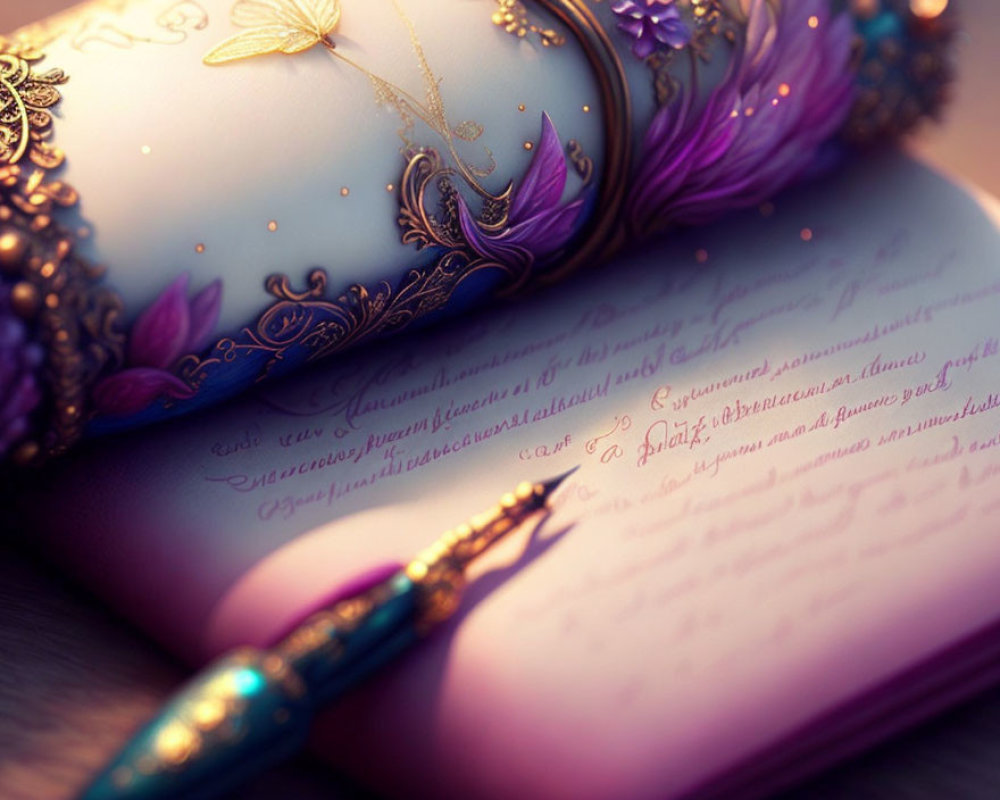 Elegant quill on open journal with decorative script and golden butterfly bookmark