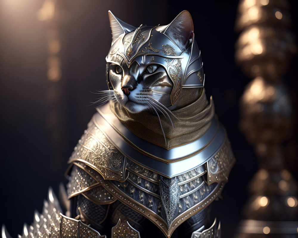 Intricate digital artwork of cat in metallic armor & helmet