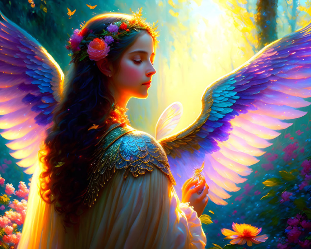 Angel with Wings in Enchanted Forest Holding Light