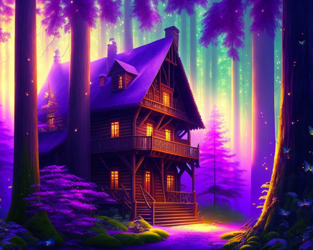 Enchanting nighttime forest scene with wooden house, towering trees, auroras, and fireflies