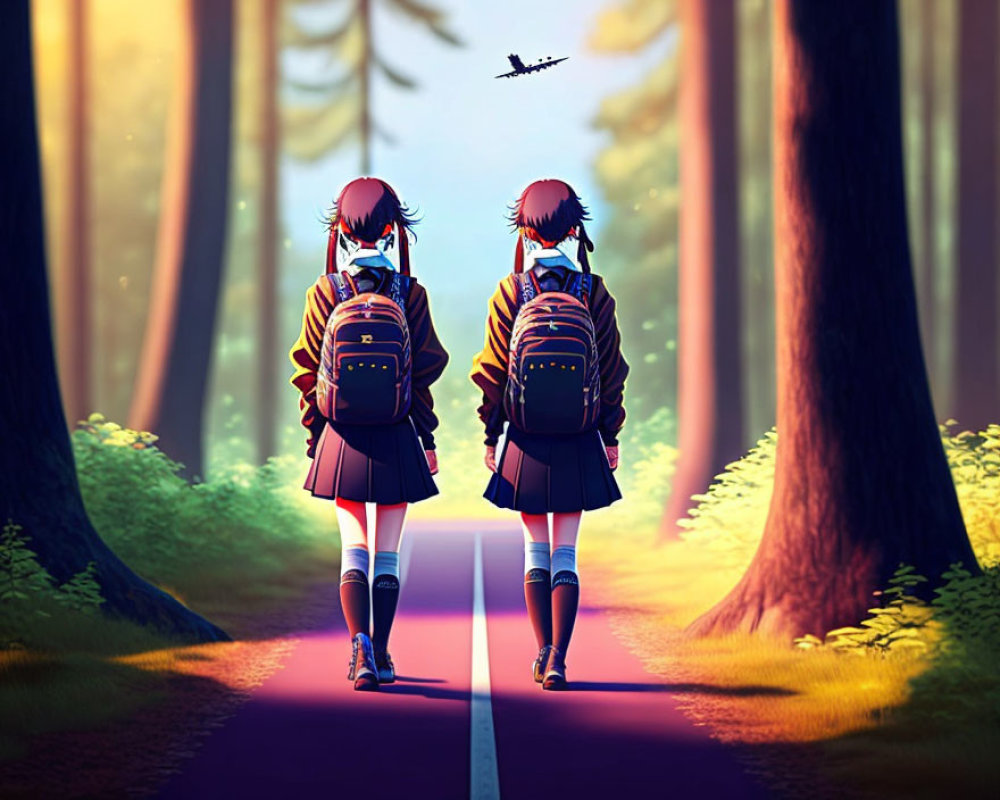 Two animated girls in school uniforms walking in forest with backpacks, looking at airplane in twilight.