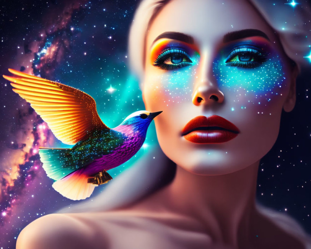 Colorful Space-Themed Makeup Woman with Hummingbird in Cosmic Setting