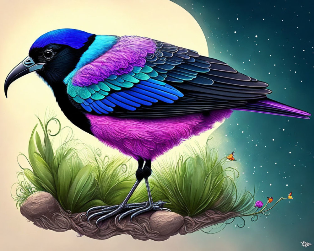 Colorful Bird Illustration Perched on Branch with Starry Background