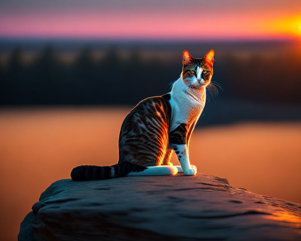 Distinctively Marked Cat Resting on Rock at Sunset