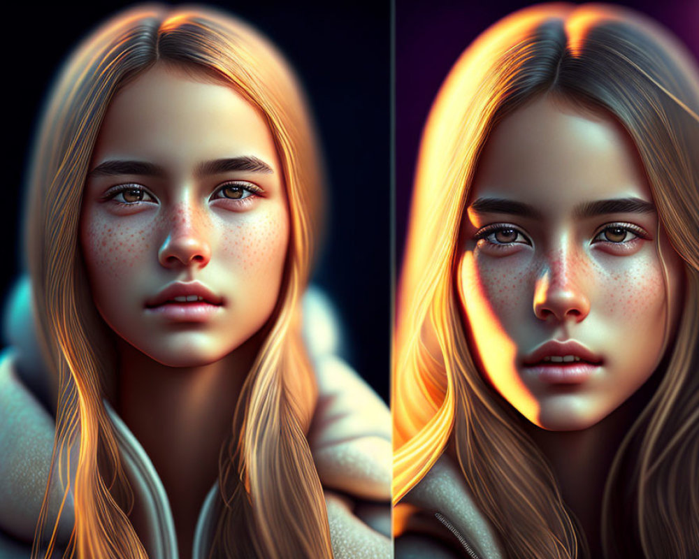 Blonde Girl with Freckles in Dual Lighting Settings
