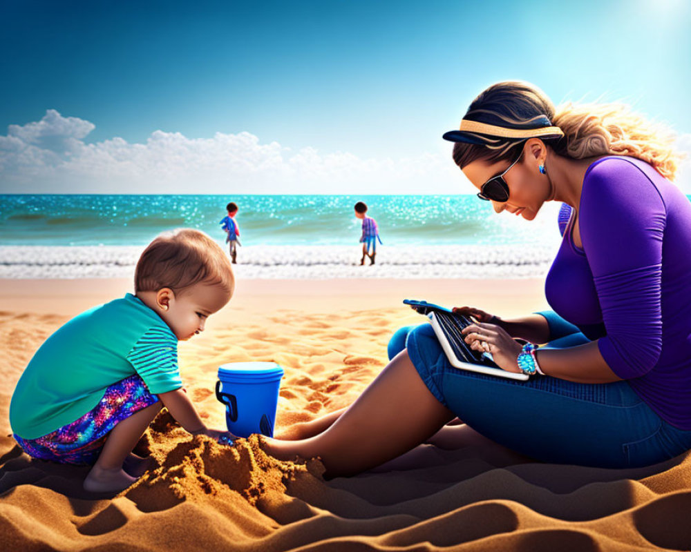 Woman in sunglasses reading tablet on sunny beach with baby and children playing in background.