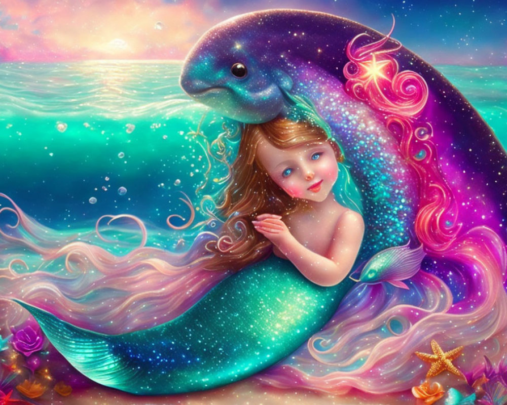 Colorful Mermaid and Dolphin Under Starry Sky Illustration