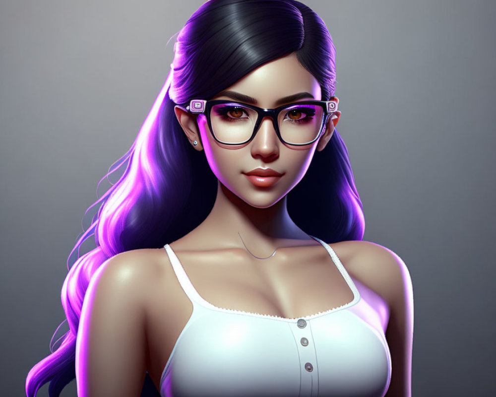 Stylish digital artwork of a woman with purple hair and glasses
