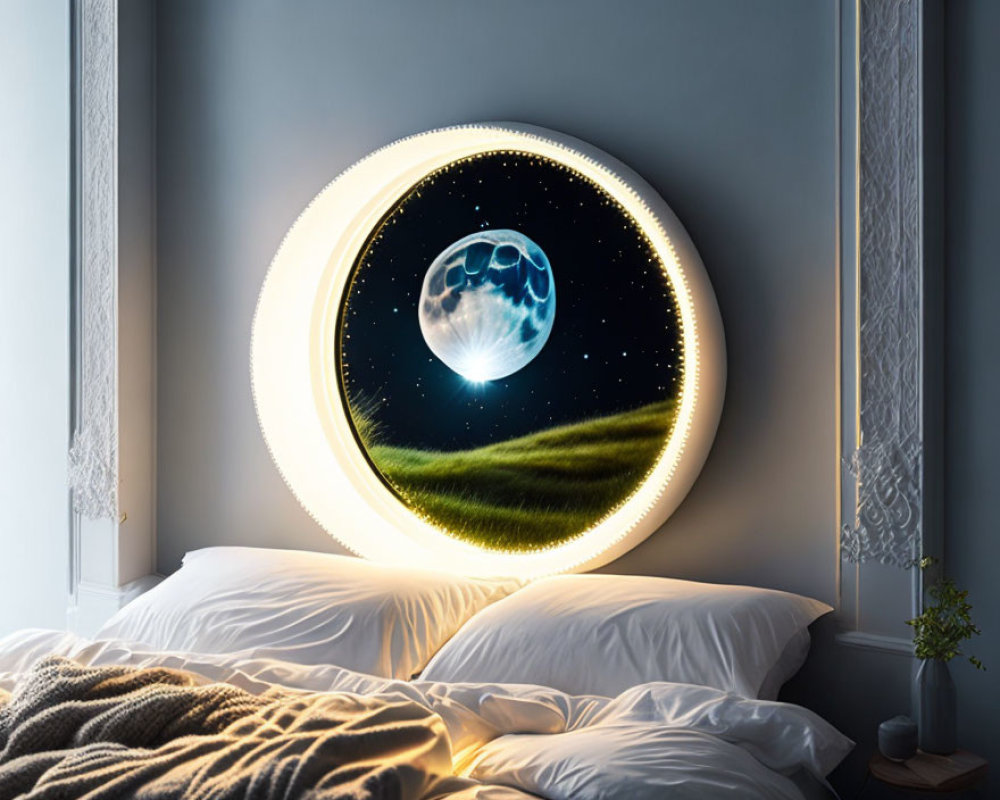 Contemporary bedroom with round LED moonlight fixture above plush bed