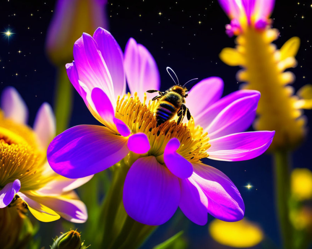Bee collecting pollen on vibrant purple and yellow flower
