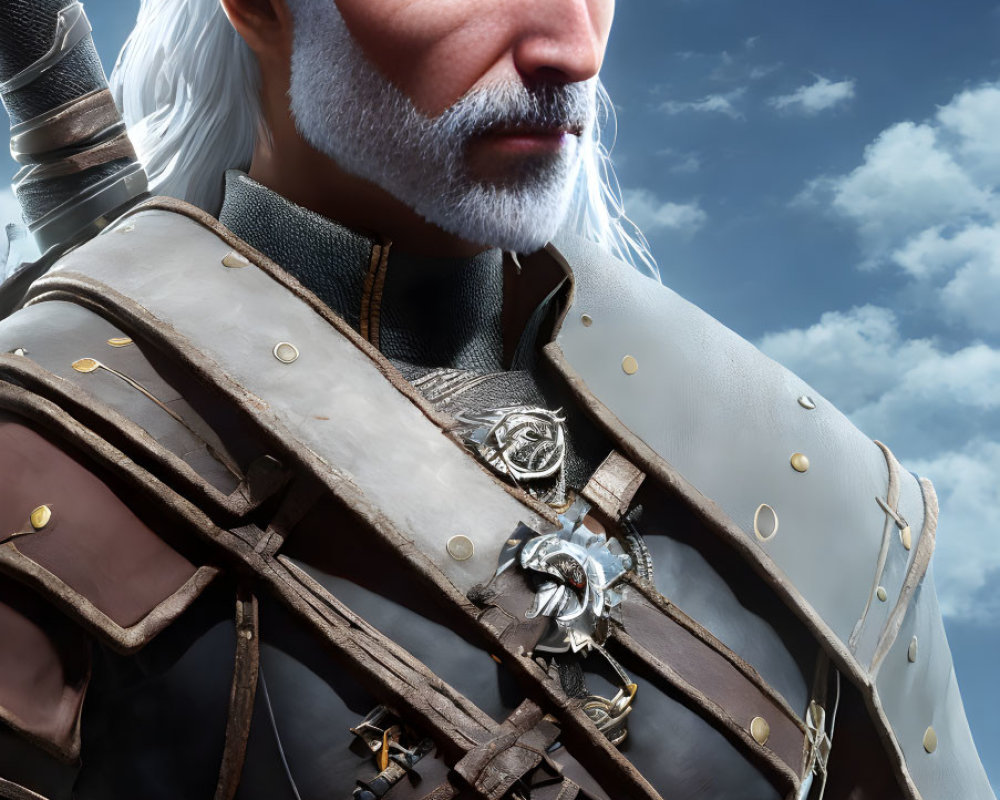 White-haired bearded character in leather armor under blue sky