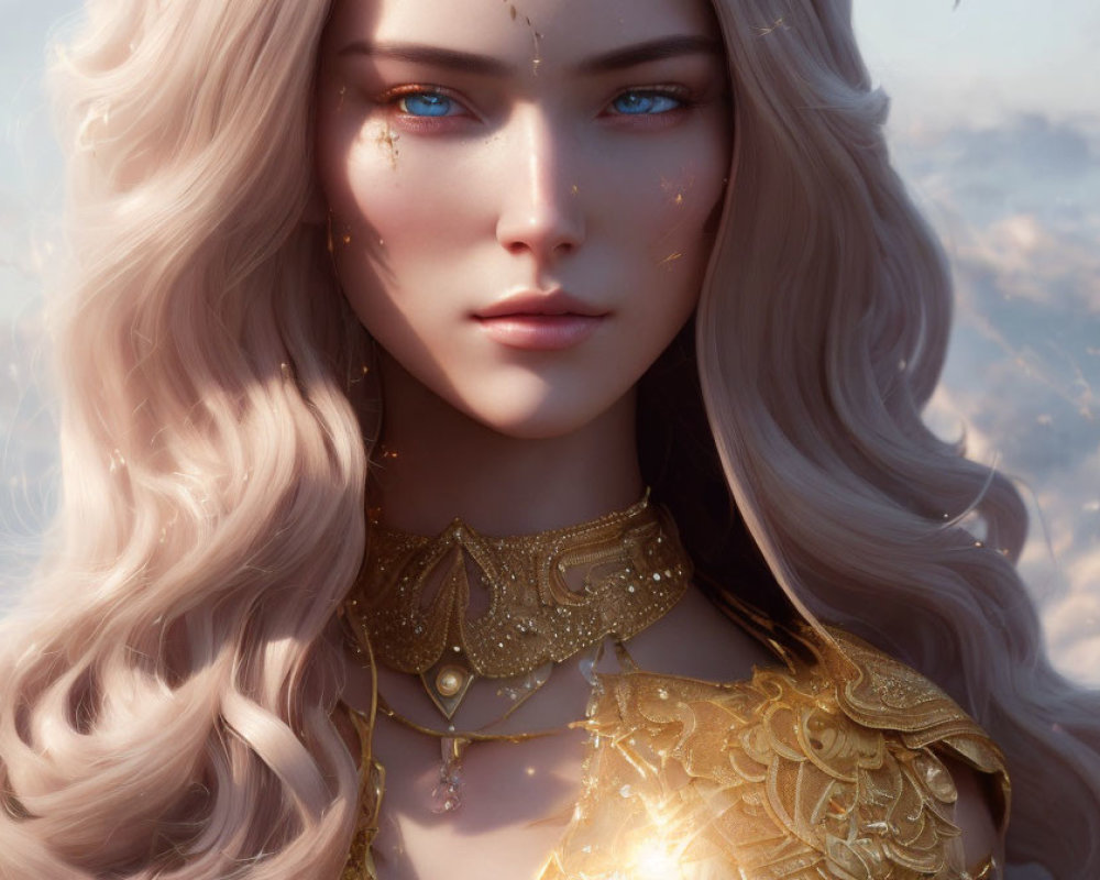 Close-up portrait of woman with golden hair and blue eyes against cloudy sky