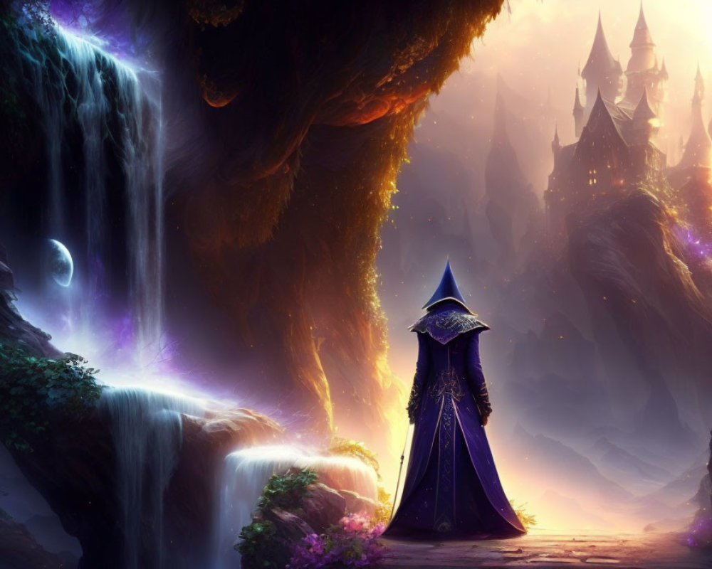 Cloaked figure at mystical waterfall with purple hues and distant castle under twilight sky