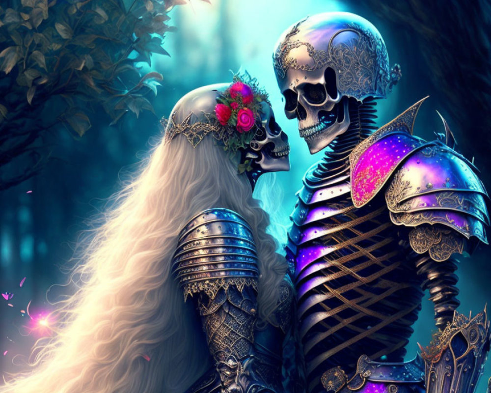 Medieval armor skeletons with floral crown in mystical forest surrounded by pink petals