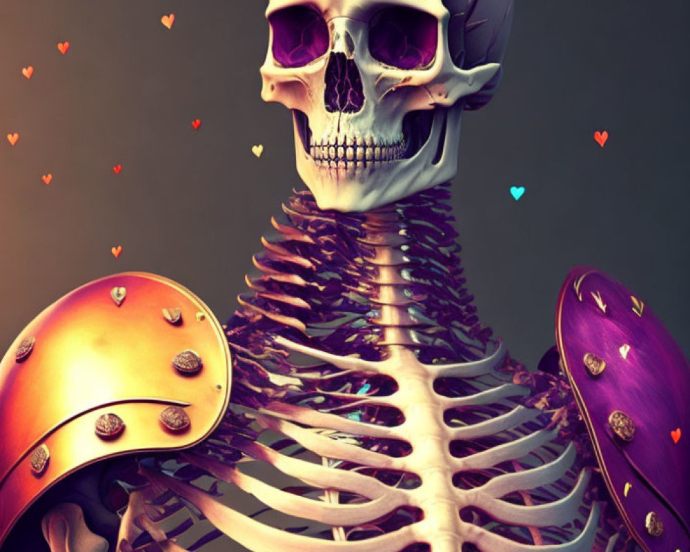 Stylized skeleton with golden armor, hearts, and warm glow