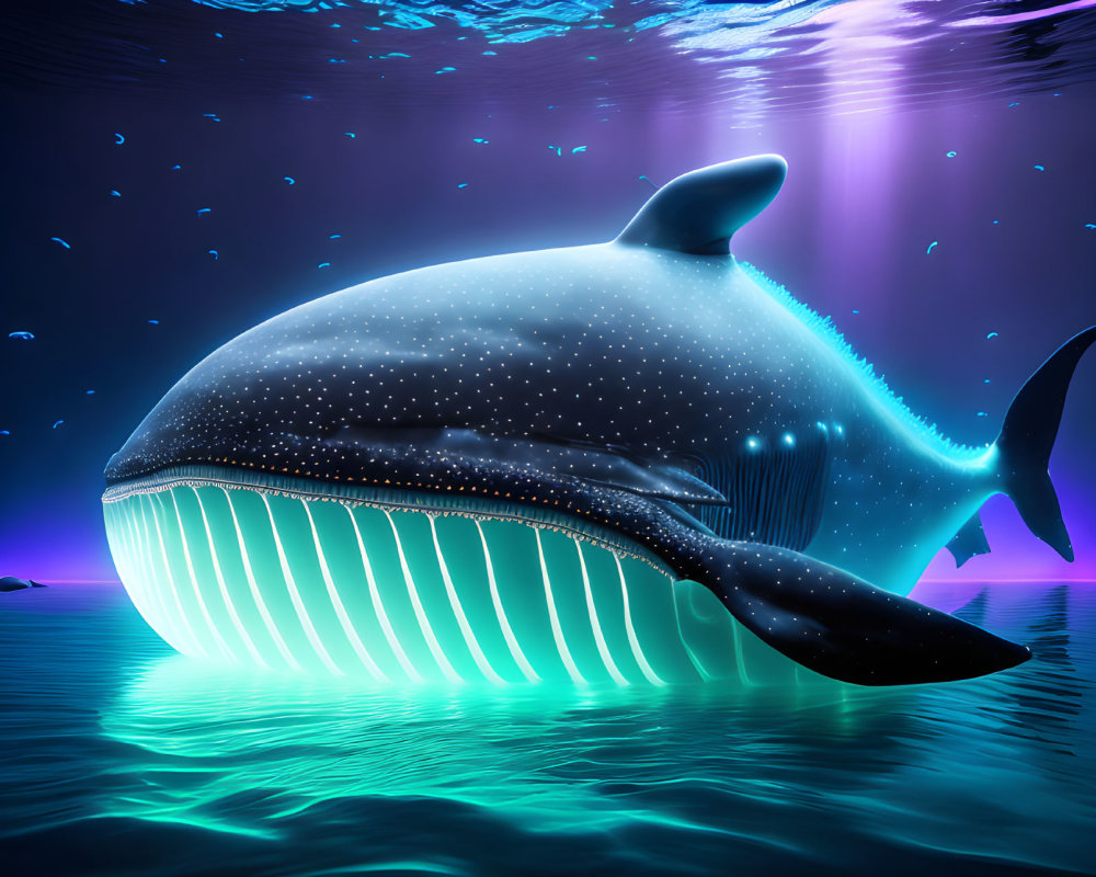 Glowing blue whale submerged in water with illuminating beams - Digital Illustration