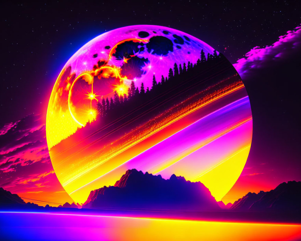 Colorful Alien Planet with Rings in Starry Sky Over Neon Mountains