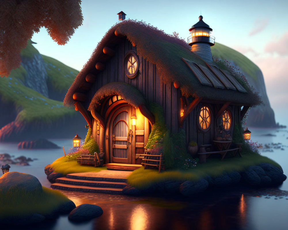 Cottage with Grass Roof and Glowing Windows by Tranquil Sea