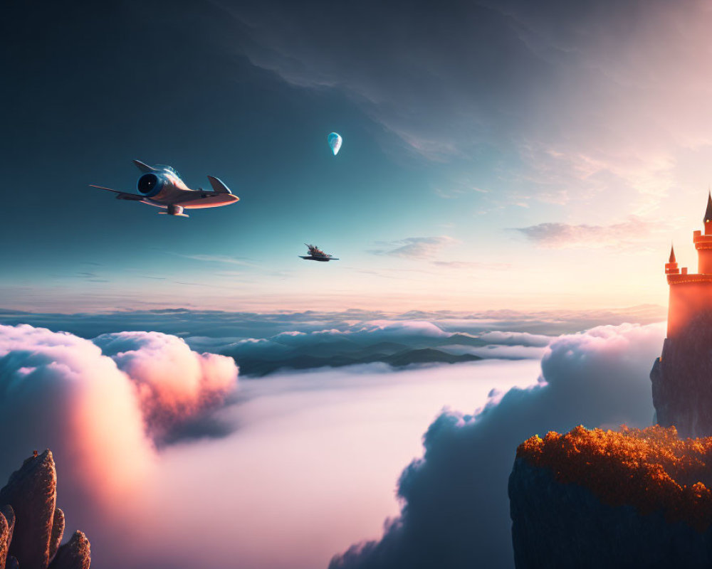 Futuristic aircraft over clouds near cliff castle at sunset