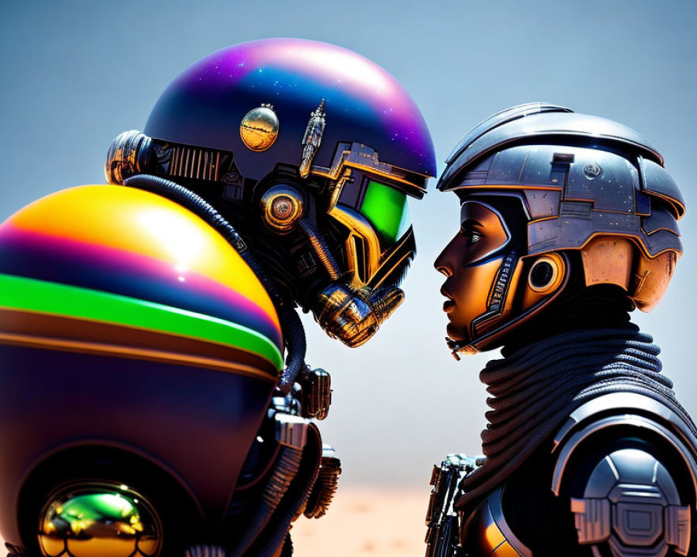 Futuristic robotic figures with detailed helmets in interaction