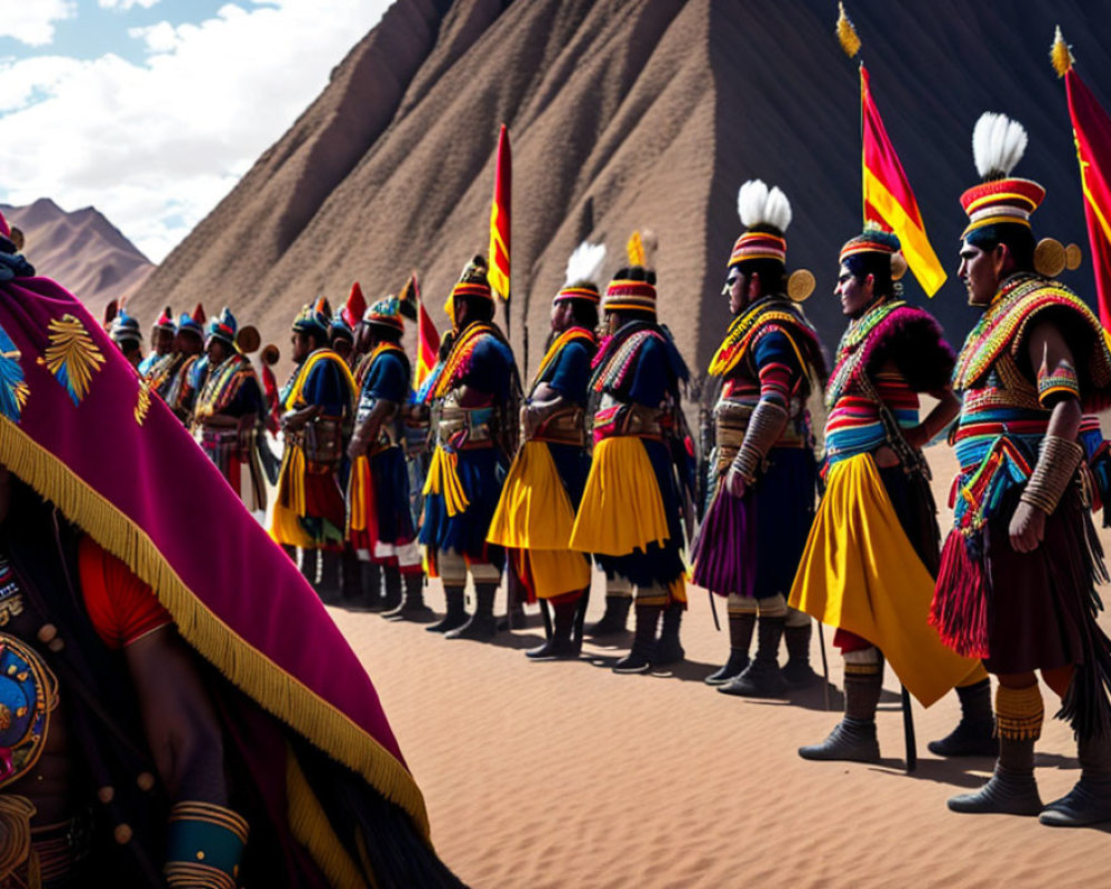 Ceremonial guards in colorful uniforms against desert backdrop