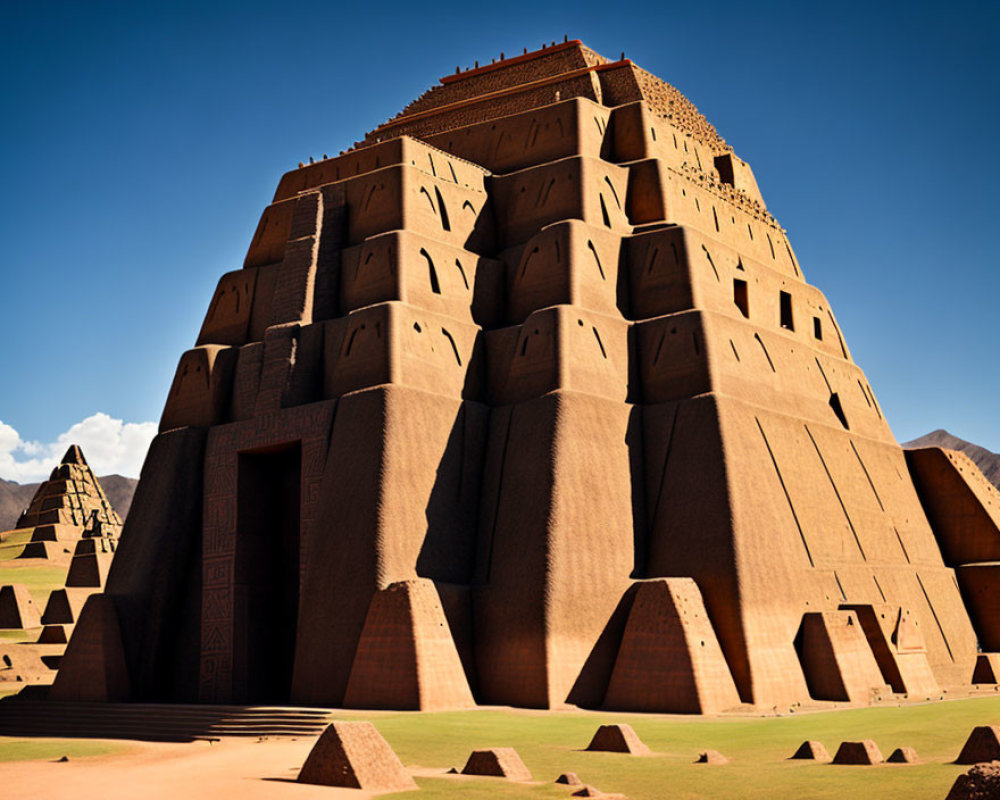 Terracotta ziggurat with intricate designs under clear blue sky