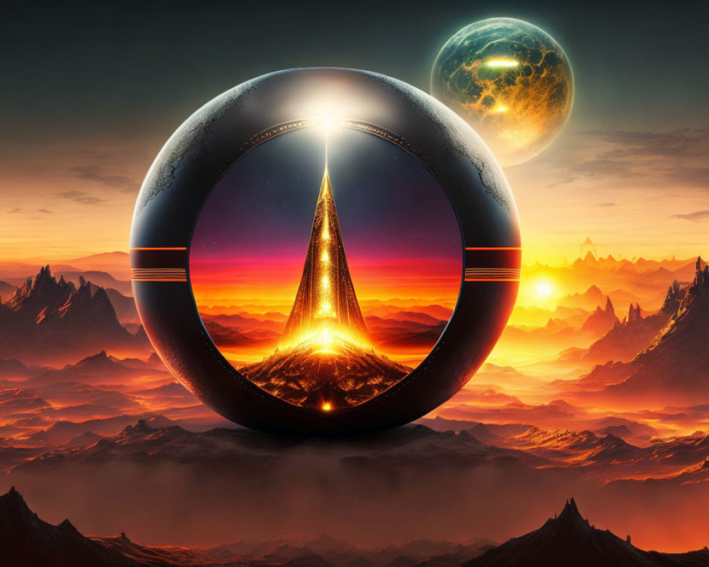 Surreal landscape with glowing pyramid, mountains, dramatic sky, and distant planet.