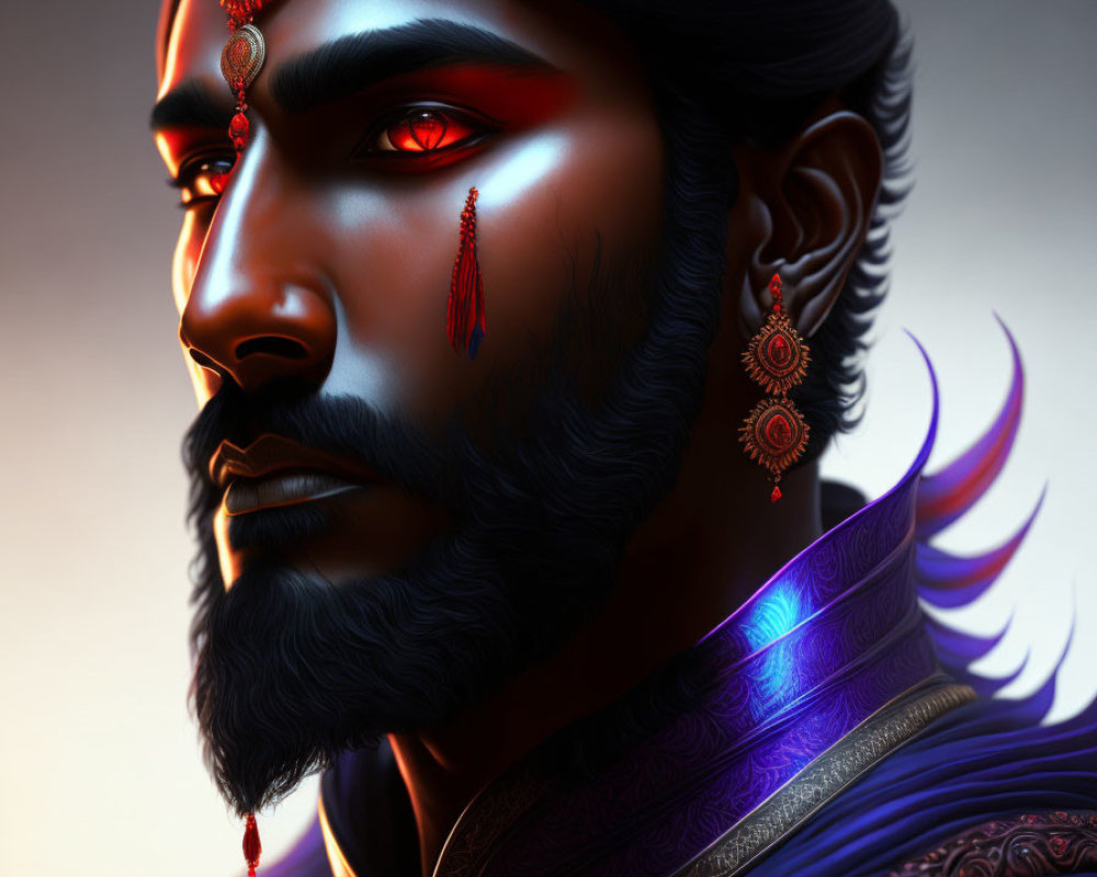 Digital art portrait of regal man with beard in traditional Indian jewelry and red tikka, featuring mysterious