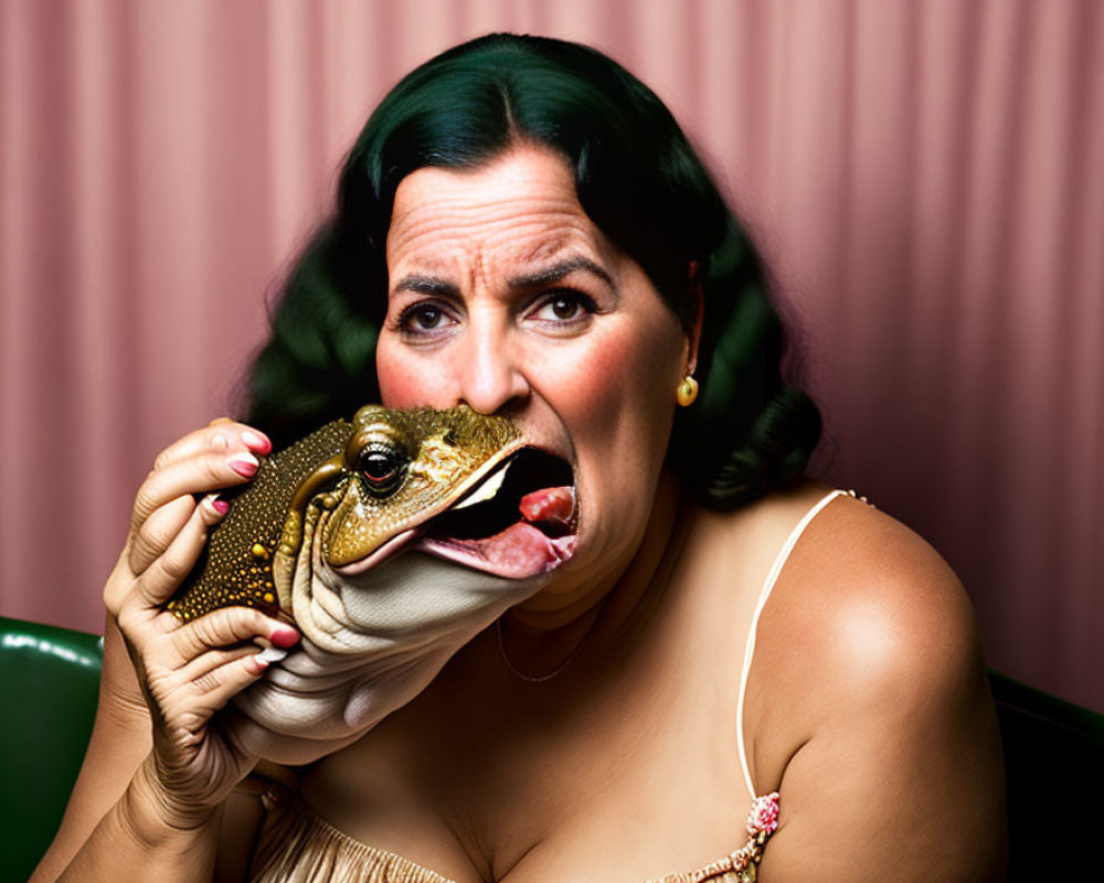 Person posing with mouth open holding toy crocodile for humorous effect
