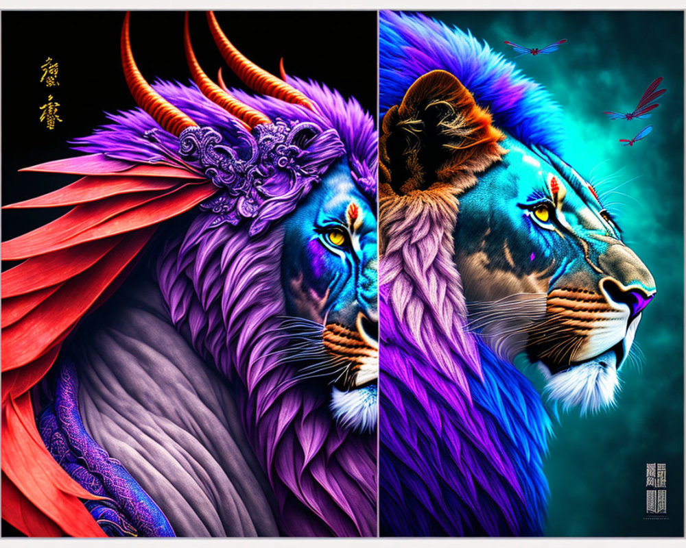 Colorful Digital Artwork: Stylized Lions with Asian Influence