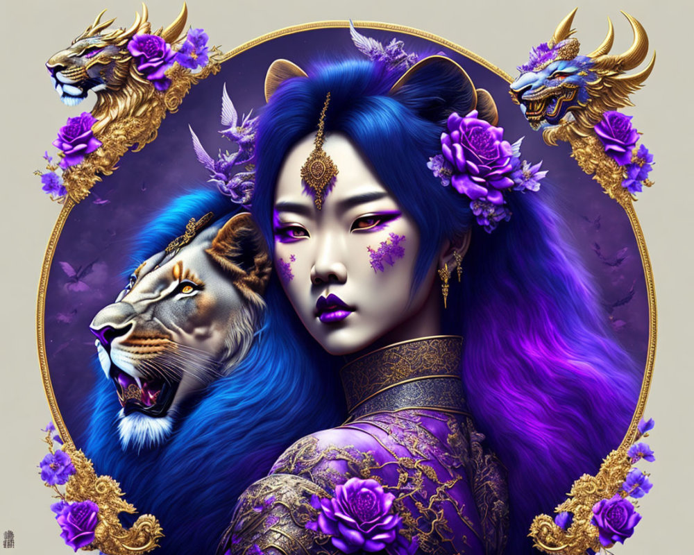 Digital Artwork: Woman with Blue and Purple Hair Surrounded by Golden Lions
