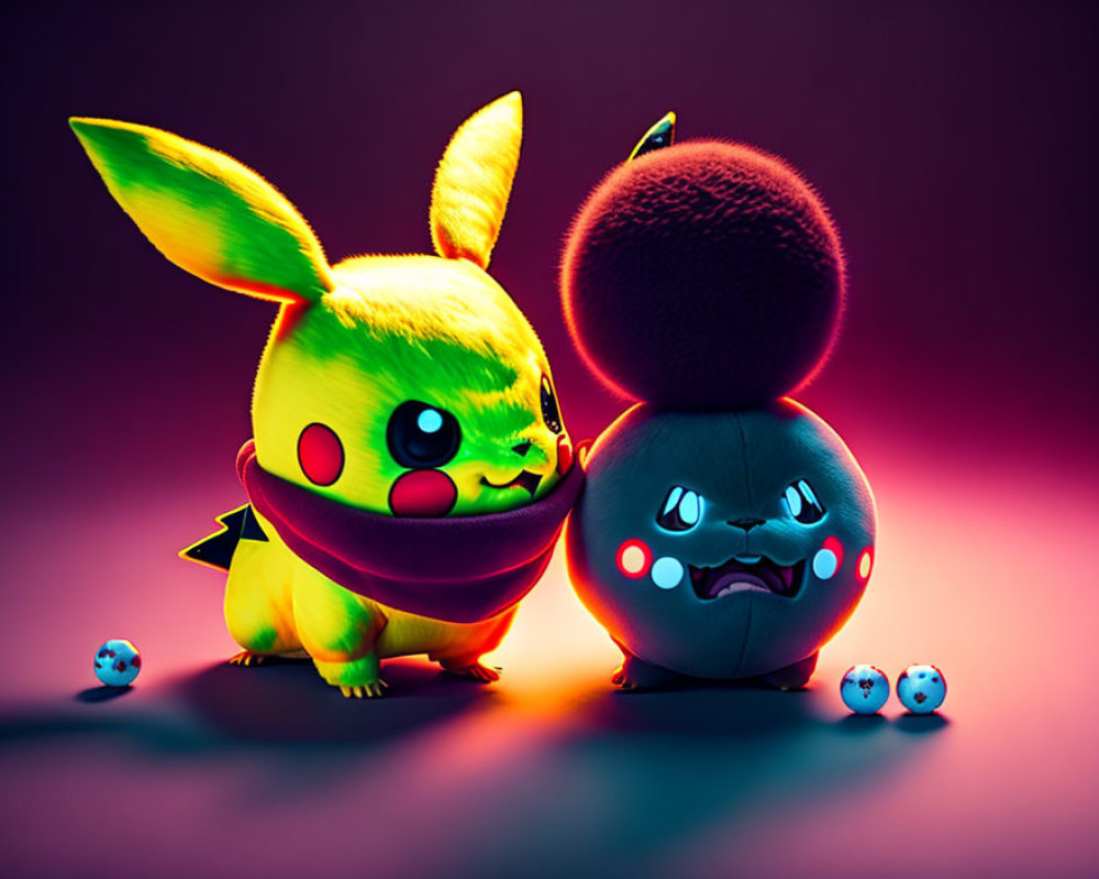 Colorful Pokémon Pikachu and Pumpkaboo Figures on Purple Background