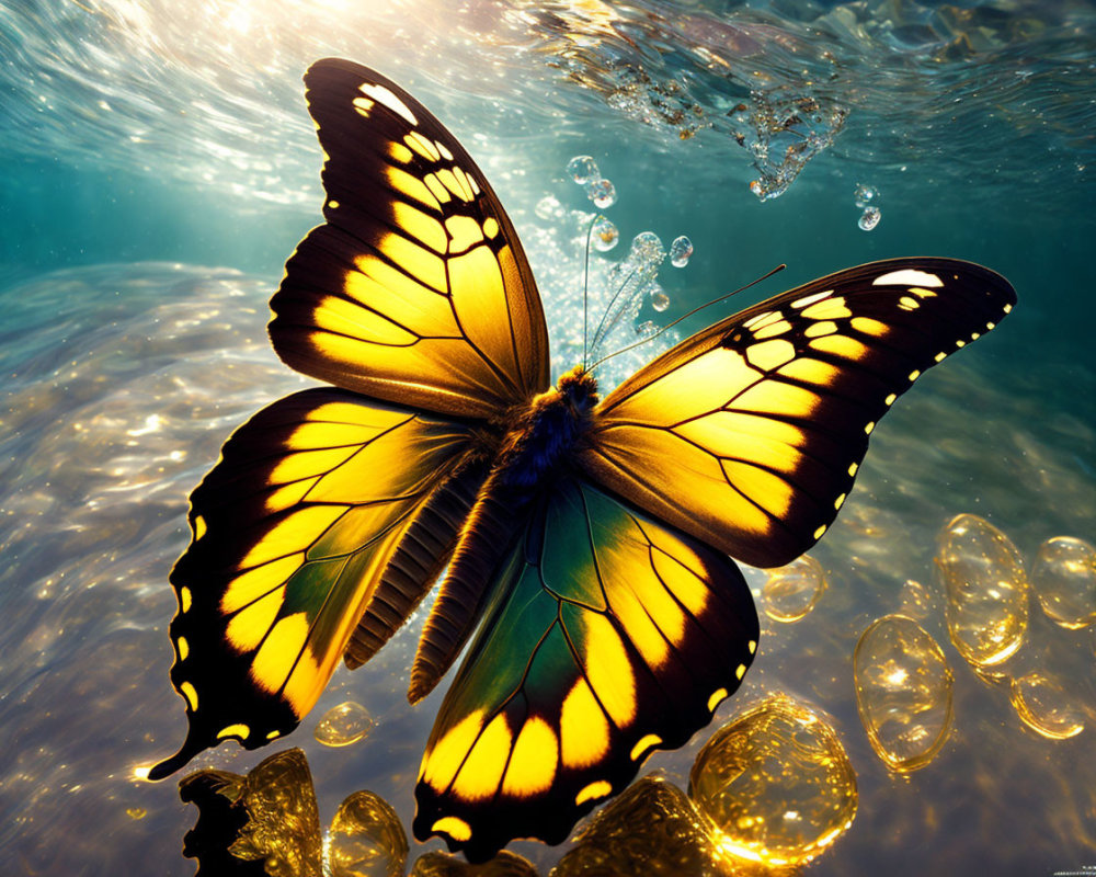 Colorful butterfly with yellow and black wings over water with sunlight reflections