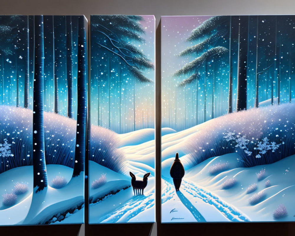 Triptych painting of snowy landscape with figures under starry sky