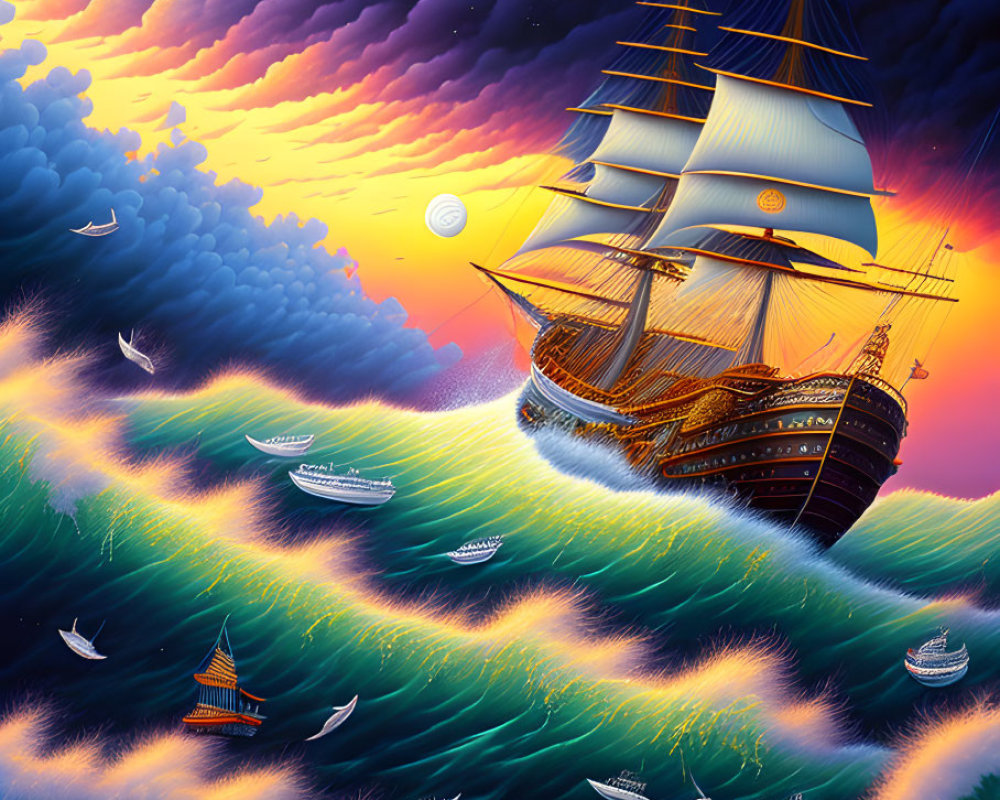 Colorful sailing ship on ocean waves under dramatic sky