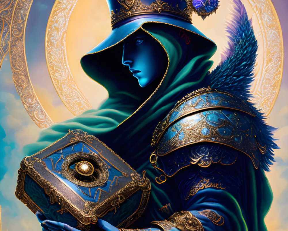 Regal figure in blue armor holding mystical book with ornate halo and cityscape backdrop
