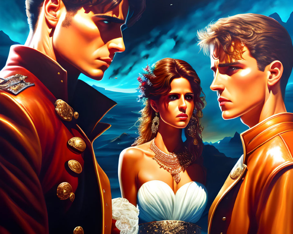 Group of Three in Dramatic Pose with Dynamic Sky