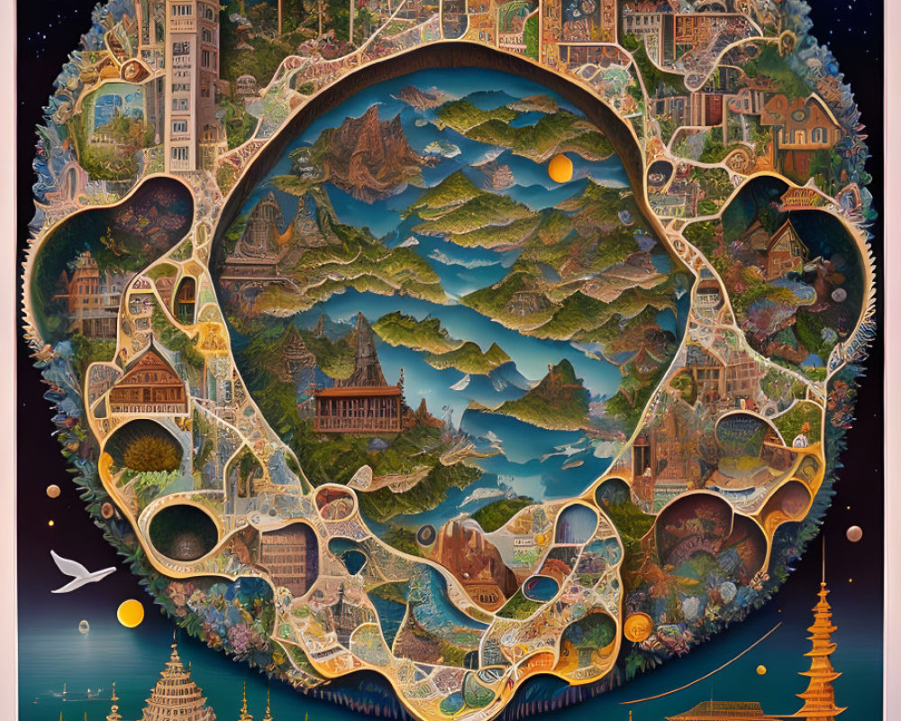 Fantastical circular landscape with cosmic and Eastern motifs