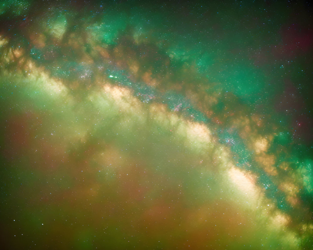 Colorful starry galaxy with green and pink cosmic clouds