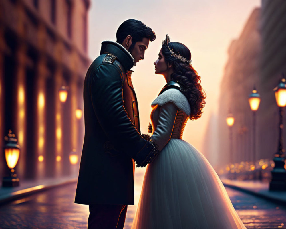 Historical attire couple in intimate moment on elegant street at dusk