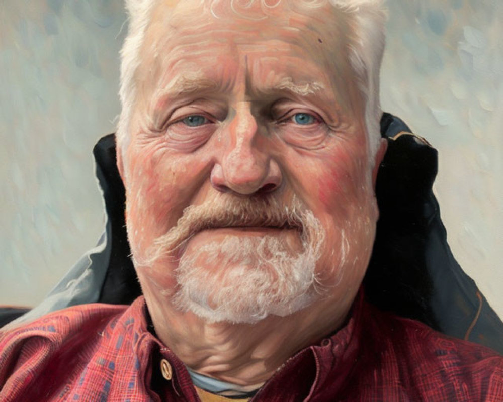 Elderly man with white hair and beard in red plaid shirt on patterned background